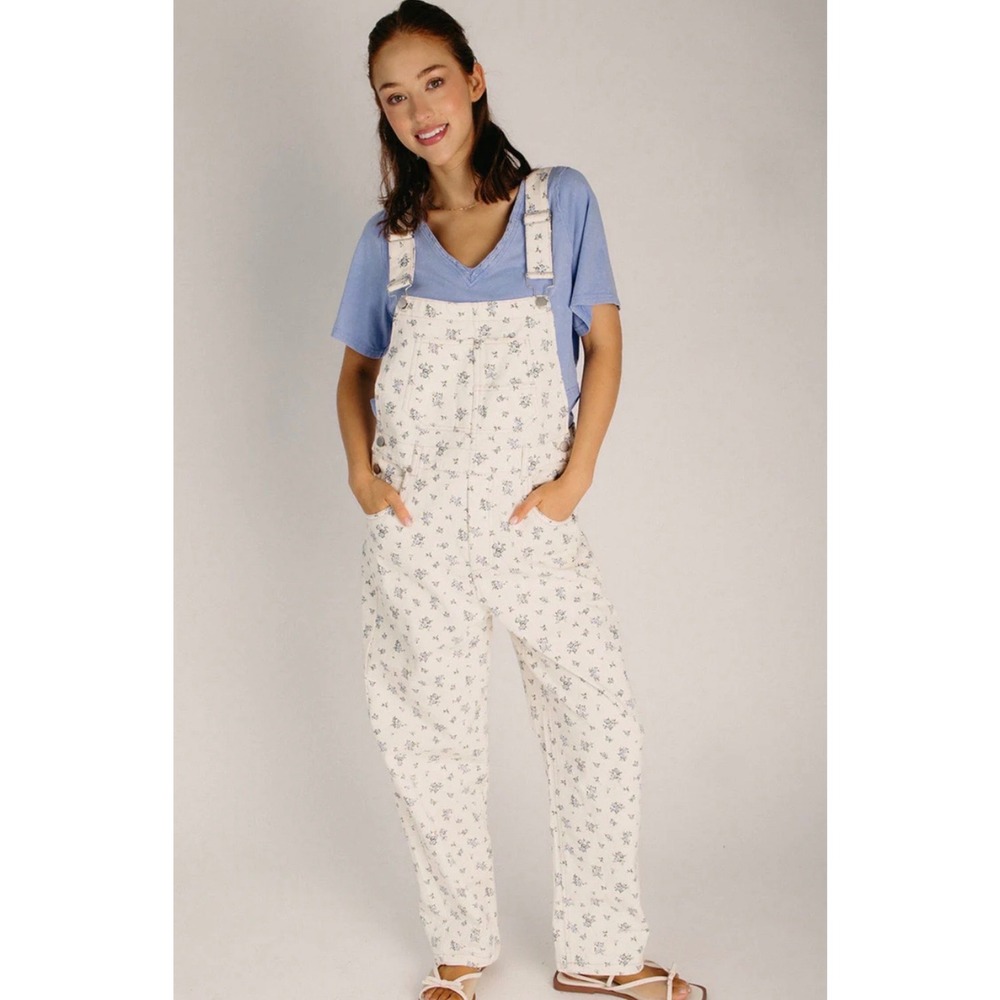 Rosie Posie Overalls Womens L Cream Floral Corduroy Wide Leg Bib Dungarees